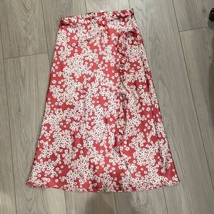 Pink Floral Midi Skirt. Slit.